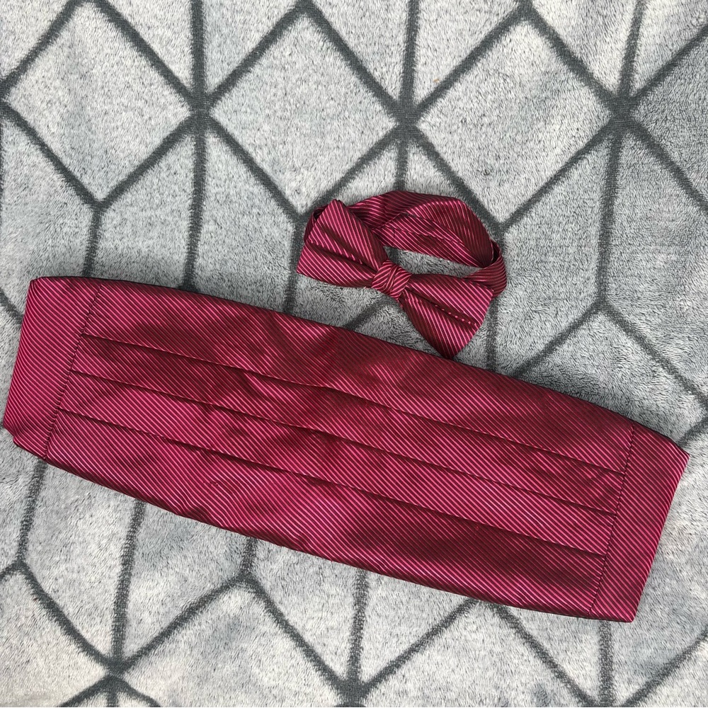 Maroon Red Striped Satin Adjustable Cummerbund & Bow Tie Set Y